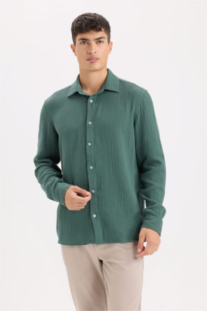 Regular Fit Polo Collar Muslin Long Sleeve Shirt