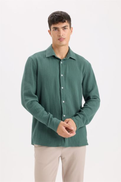 Regular Fit Polo Collar Muslin Long Sleeve Shirt