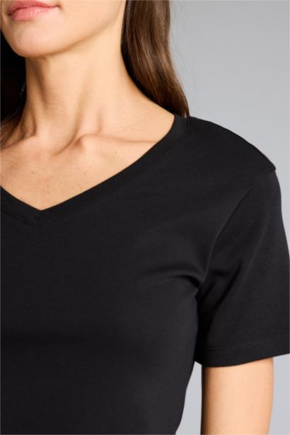T-shirt basique en coton à manches courtes et col en V Coupe régulière