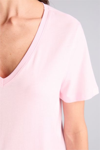 Regular Fıt V Yaka Basıc Düz Penye Kısa Kollu Tişört