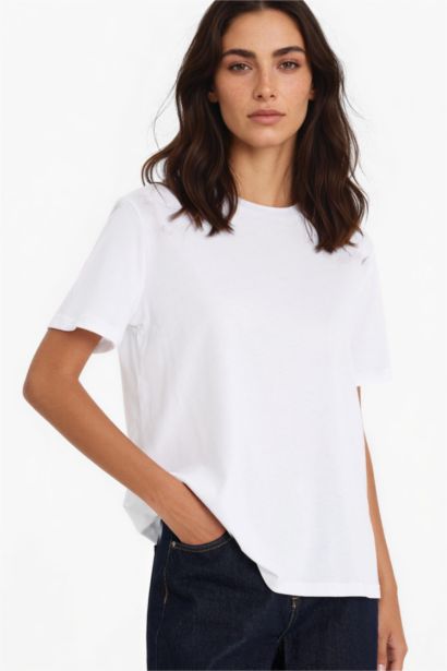 Regular Fit Crew Neck Basic Cotton White T-Shirt