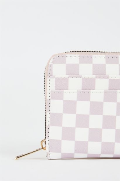 محفظة جلد صناعي مزخرفة بنقشة مربعات للسيدات