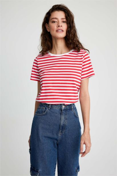 تي شيرت قطن قصة عادية بياقة مستديرة