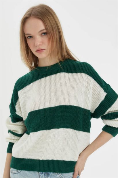 Oversize Geniş Kalıp Bisiklet Yaka Çizgili Triko Kazak