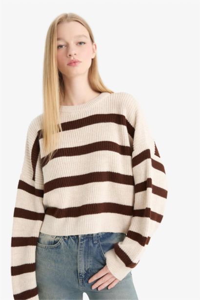 Oversize Fit Crew Neck Striped Knit Pullover