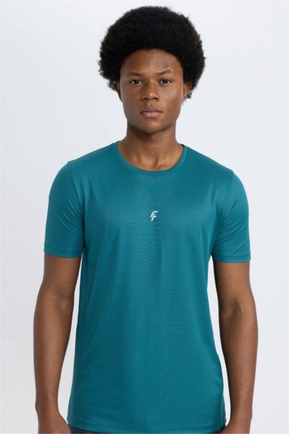 Slim Fit Dar Kesim Bisiklet Yaka Baskılı Sporcu Kısa Kollu Tişört