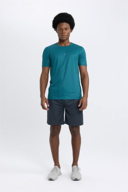 Slim Fit Dar Kesim Bisiklet Yaka Baskılı Sporcu Kısa Kollu Tişört