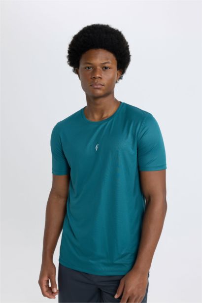 Slim Fit Dar Kesim Bisiklet Yaka Baskılı Sporcu Kısa Kollu Tişört