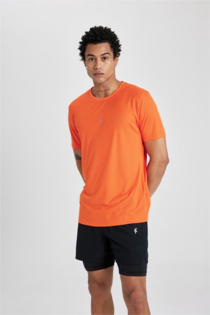 Slim Fit Dar Kesim Bisiklet Yaka Baskılı Sporcu Kısa Kollu Tişört