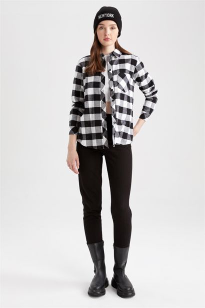 Regular Fit Shirt Collar Gingham Flannel Long Sleeve Shirt