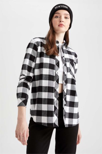 Regular Fit Shirt Collar Gingham Flannel Long Sleeve Shirt