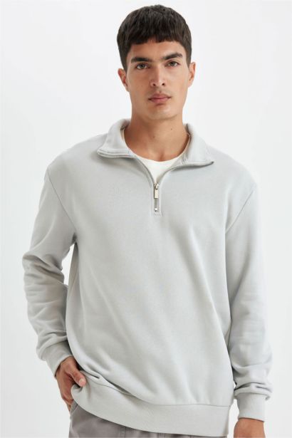 Comfort Regular Fit Rahat Kalıp Fermuarlı Dik Yaka Basic Düz Sweatshirt