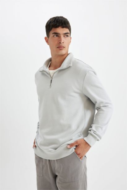 Comfort Regular Fit Rahat Kalıp Fermuarlı Dik Yaka Basic Düz Sweatshirt