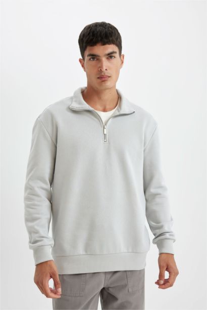 Comfort Regular Fit Rahat Kalıp Fermuarlı Dik Yaka Basic Düz Sweatshirt