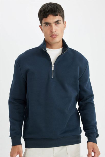 Comfort Regular Fit Rahat Kalıp Fermuarlı Dik Yaka Basic Düz Sweatshirt