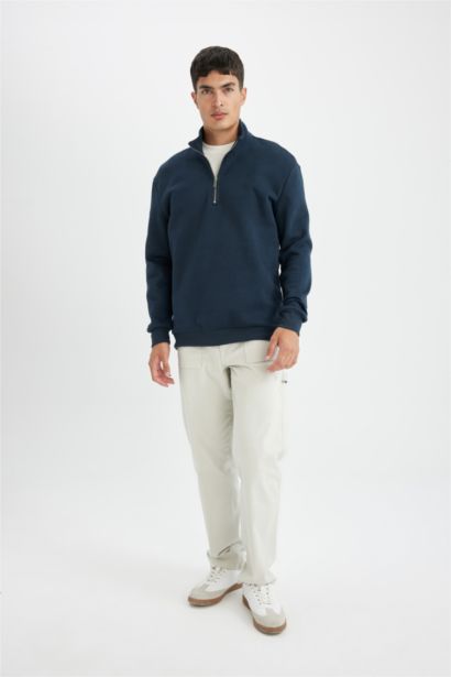 Comfort Regular Fit Rahat Kalıp Fermuarlı Dik Yaka Basic Düz Sweatshirt
