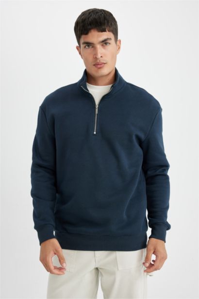Comfort Regular Fit Rahat Kalıp Fermuarlı Dik Yaka Basic Düz Sweatshirt