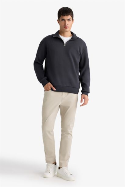 Regular Fit Half Sleeve Basic Zippered Sweatshirt