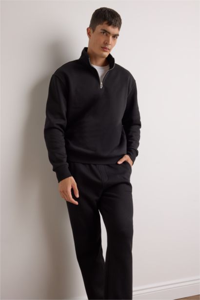 Regular Fit Dik Yaka Yarım Fermuarlı İçi Yumuşak Tüylü Basic Düz Sweatshirt