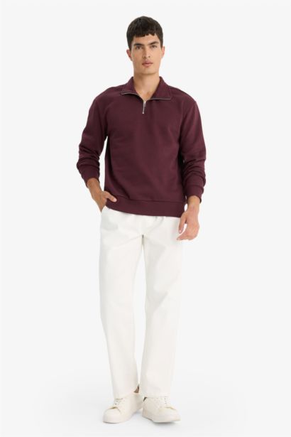 Regular Fit Dik Yaka Yarım Fermuarlı Basic Düz Sweatshirt