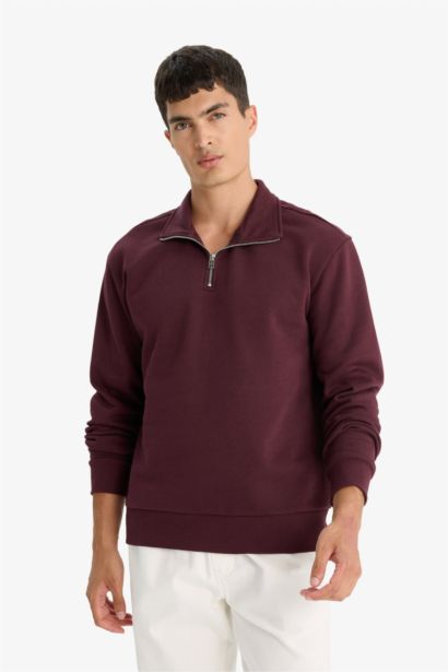 Regular Fit Dik Yaka Yarım Fermuarlı Basic Düz Sweatshirt
