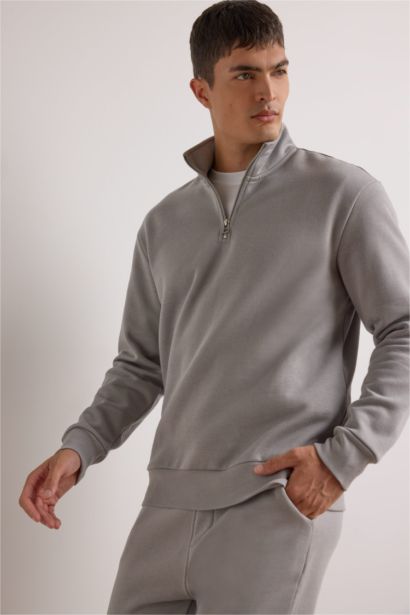 Regular Fit Half Zip High Neck Basic Sweatshirt