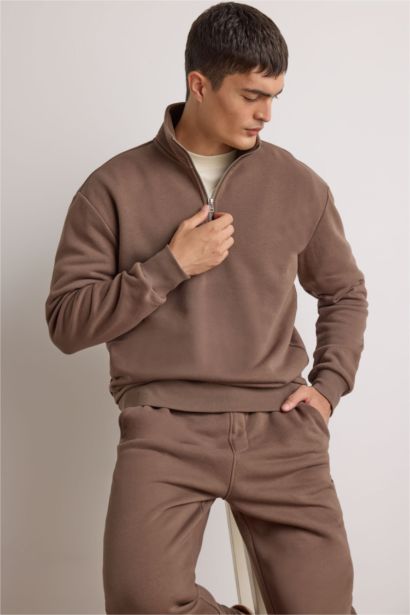 Regular Fit Dik Yaka Yarım Fermuarlı İçi Yumuşak Tüylü Basic Düz Sweatshirt