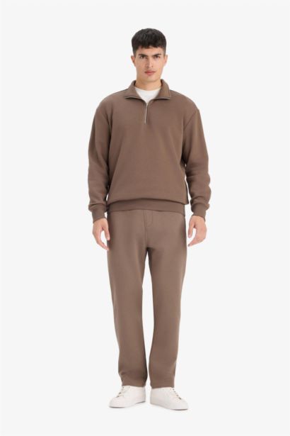 Regular Fit Dik Yaka Yarım Fermuarlı İçi Yumuşak Tüylü Basic Düz Sweatshirt