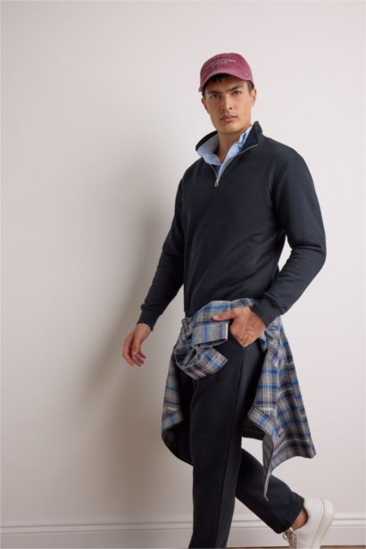 Regular Fit Dik Yaka Yarım Fermuarlı İçi Yumuşak Tüylü Basic Düz Sweatshirt