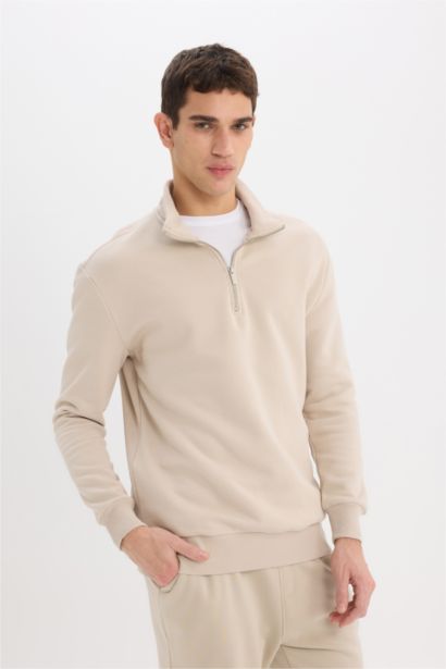 Comfort Regular Fit Rahat Kalıp Fermuarlı Dik Yaka Basic Düz Sweatshirt