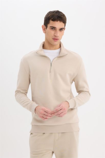 Comfort Regular Fit Rahat Kalıp Fermuarlı Dik Yaka Basic Düz Sweatshirt