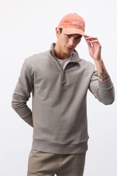 Comfort Regular Fit Rahat Kalıp Fermuarlı Dik Yaka Basic Düz Sweatshirt