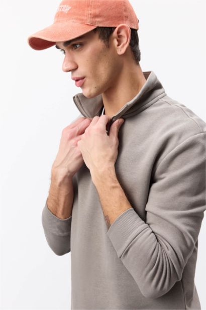 Comfort Regular Fit Rahat Kalıp Fermuarlı Dik Yaka Basic Düz Sweatshirt