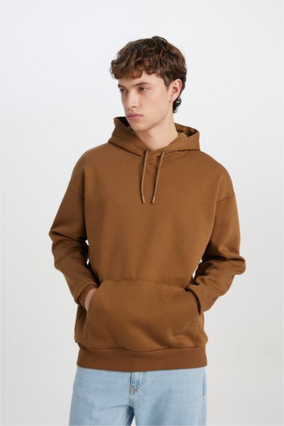 Oversize Geniş Kalıp Kapüşonlu Kanguru Cepli Basic Düz Sweatshirt