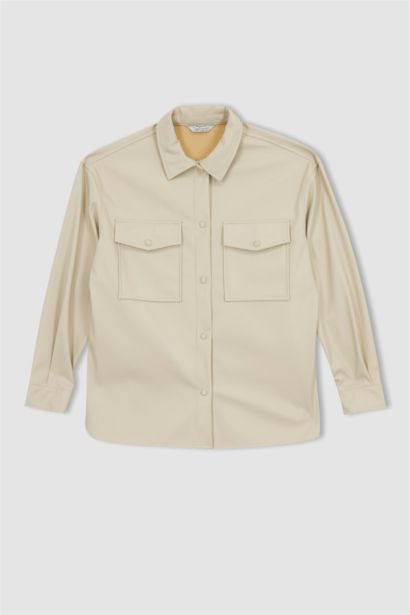 Oversize Fit Shirt Collar Faux Leather Long Sleeve Shirt