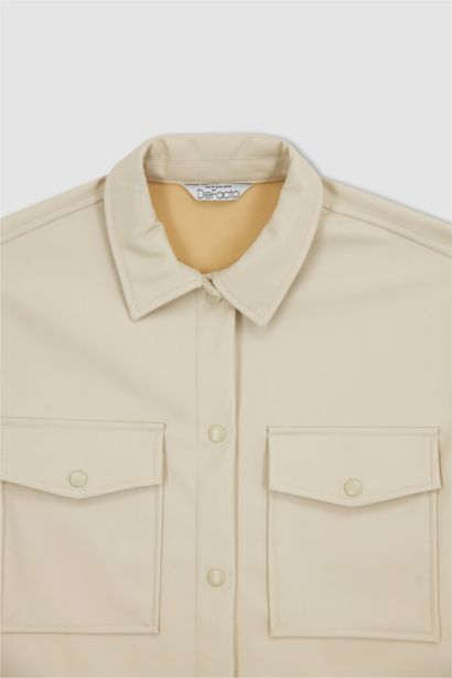 Oversize Fit Shirt Collar Faux Leather Long Sleeve Shirt