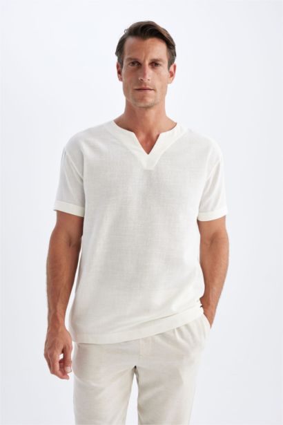 Regular Fit V-Neck Cotton Short Sleeve Shirt