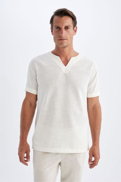 Regular Fit V-Neck Cotton Short Sleeve Shirt