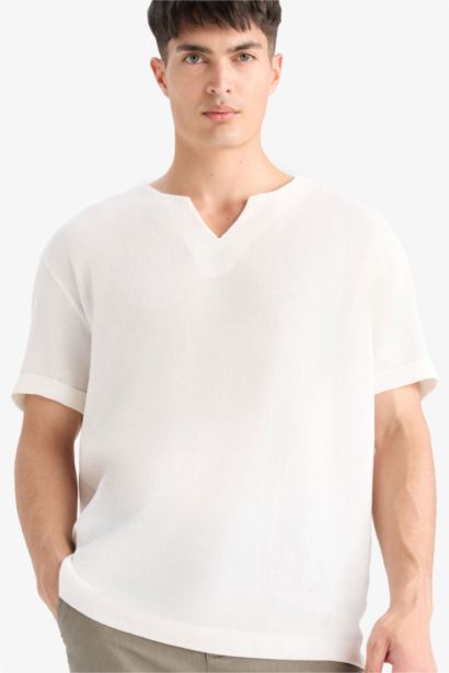 Regular Fit V-Neck Cotton Short Sleeve Shirt