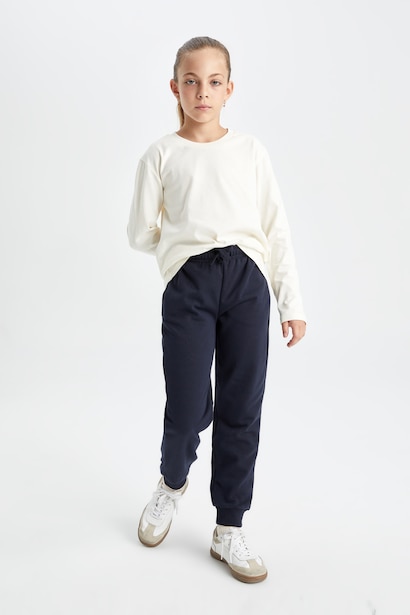 Kız Çocuk Lacivert Standart Fit Beli Paçası Lastikli Basic Düz Okul Jogger Eşofman Altı