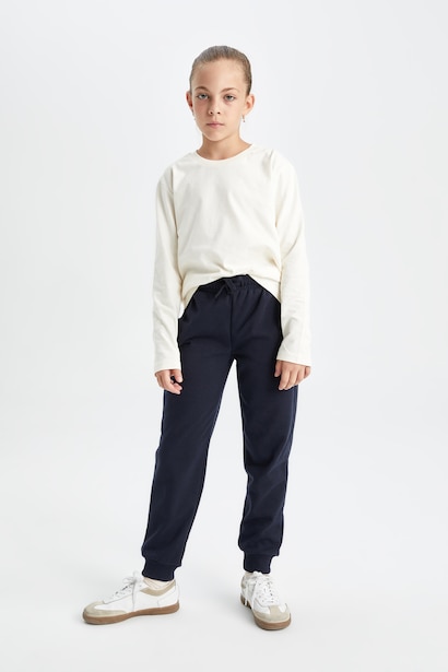 Kız Çocuk Lacivert Standart Fit Beli Paçası Lastikli Basic Düz Okul Jogger Eşofman Altı