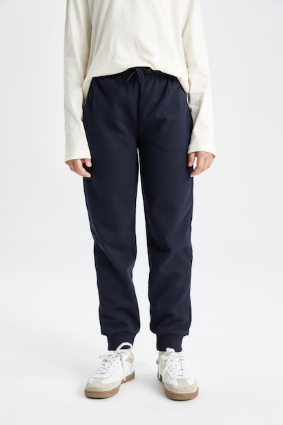 Kız Çocuk Lacivert Standart Fit Beli Paçası Lastikli Basic Düz Okul Jogger Eşofman Altı