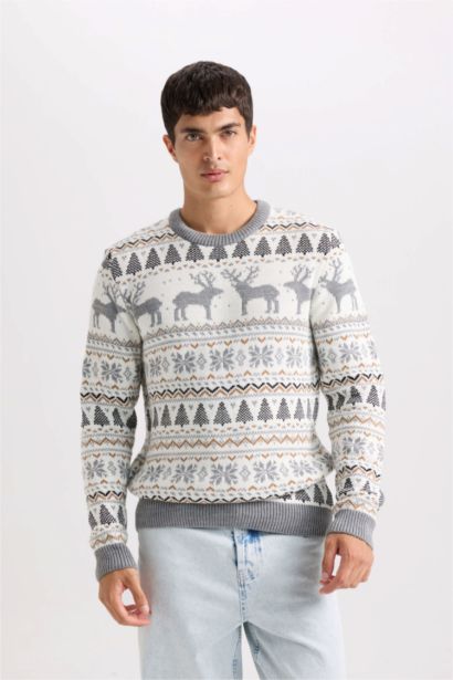 New Year Themed Standard Fit Crew Neck Knitted Pullover