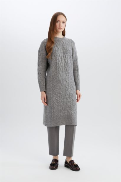 Regular Fit Crew Neck Knitted Basic Midi Knitwear Dress