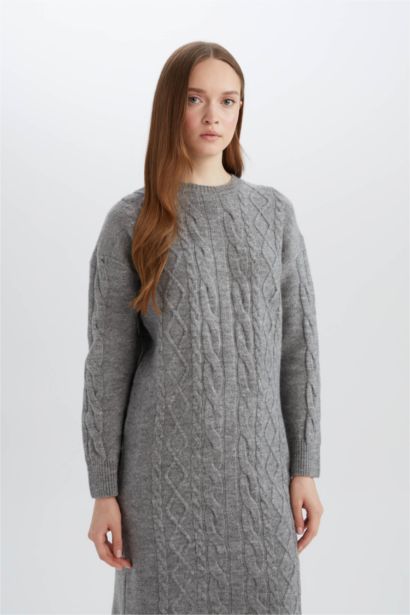 Regular Fit Crew Neck Knitted Basic Midi Knitwear Dress