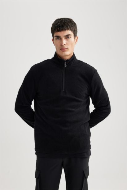 Siyah Tüylenme Yapmayan Soğuk Geçirmez Regular Fit Dik Yaka Fermuarlı Polar Sweatshirt