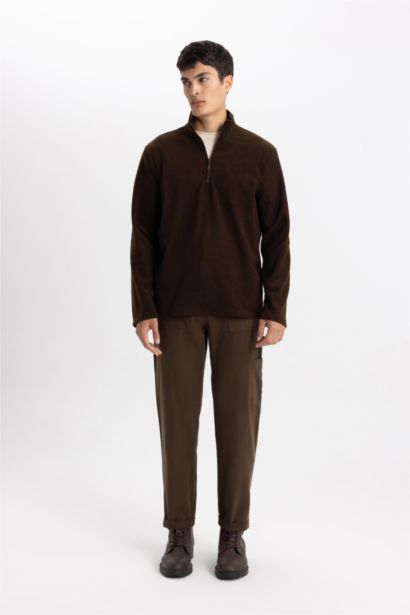 Kahverengi Tüylenme Yapmayan Soğuk Geçirmez Regular Fit Dik Yaka Fermuarlı Polar Sweatshirt