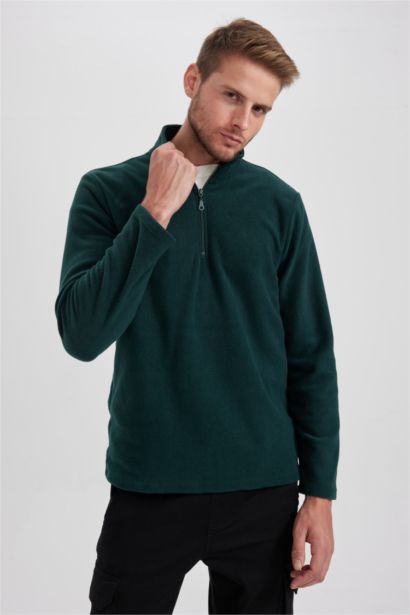 Yeşil Tüylenme Yapmayan Soğuk Geçirmez Regular Fit Dik Yaka Fermuarlı Polar Sweatshirt