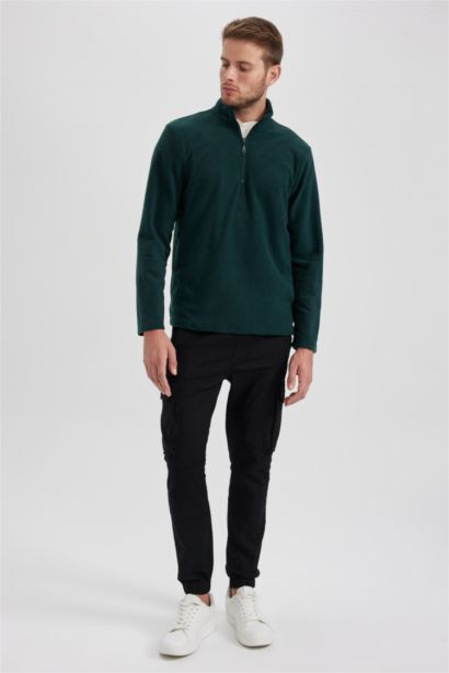 Yeşil Tüylenme Yapmayan Soğuk Geçirmez Regular Fit Dik Yaka Fermuarlı Polar Sweatshirt