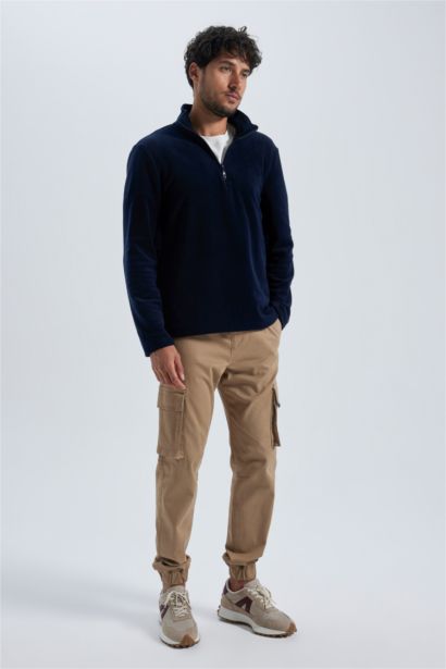 Lacivert Tüylenme Yapmayan Soğuk Geçirmez Regular Fit Dik Yaka Fermuarlı Polar Sweatshirt